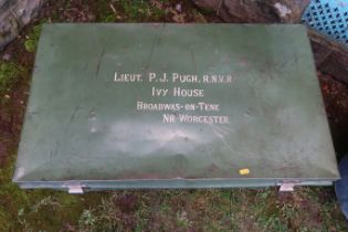 A tin trunk, belonging to Lt P.J, Pugh RNVR Ivy House Broadwas-on-Teme Nr. Worcester, width 36ins