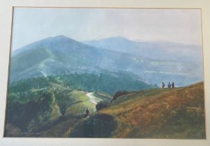 David Prentice, watercolour, An Autumn Walk Malvern Ridgeway, looking north along the Malvern Hills,