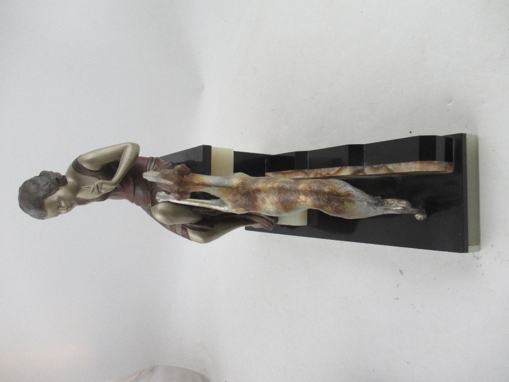A large Art Deco model, of a lady and dog, on an onyx and marble base, width 17ins, height 17ins - Image 4 of 6