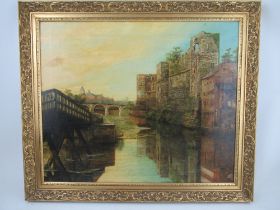 A 19th century school oil on canvas, river scene with castle beyond, possibly Newark,