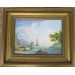 A rectangular porcelain plaque, decorated with a marine scene with figures in a lighthouse by