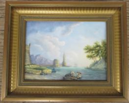 A rectangular porcelain plaque, decorated with a marine scene with figures in a lighthouse by