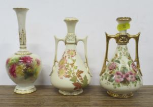 Two similar Royal Worcester vases, decorated with flowers and shot silk flowers, shape No.1021,