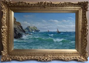 David James, oil on canvas, panoramic view of the breaking waves at Tenby with the Castle in the
