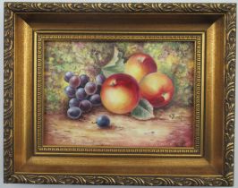 A Royal Worcester framed rectangular plaque, decorated with fruit by Skerrett, 5ins x 7ins
