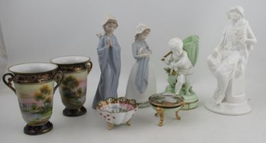 A collection of porcelain, to include a Moore Brothers figure, a Shelley white porcelain figure, two