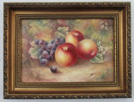 A Royal Worcester framed rectangular plaque, decorated with fruit by Skerrett, 6.5ins x 9.5ins