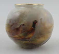 A Royal Worcester wrythen shaped vase, decorated with cock and hen pheasants by James Stinton, shape