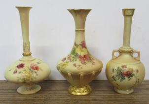 Three various small Royal Worcester vases, decorated with flowers to a blush ivory ground, all