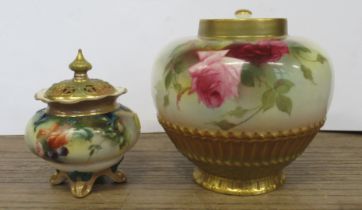A Royal Worcester pot pourri, decorated with roses, with associated inner cover, lacking outer