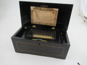 A late 19th century Swiss music box, with ebonized case, the lid inlaid with a floral display of