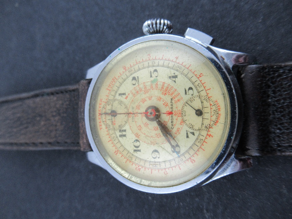 A 1940s Pierce Chronograph Gentleman's wrist watch, with stainless steel back and a leather strap