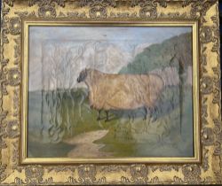 In the style of Whitford , a Primitive sheep in a landscape inscribed "1st Prize Royal