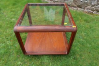 A pair of mid century glass topped coffee tables, width 21insm, height 19ins
