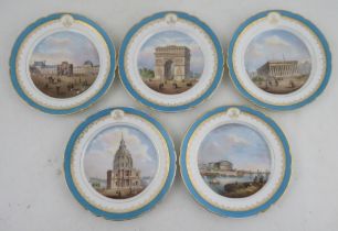 A set of five 19th century porcelain plates, decorated with scenes of Paris, diameter 8.25ins