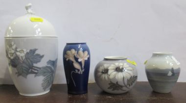 Three Royal Copenhagen vases, Flower, 2688/2390, a Bing and Grondahl flower, 8507/208, made before
