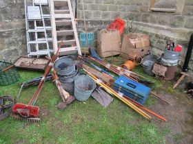 A large collection of assorted garden tools, metalware etc