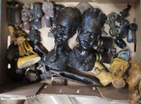 Box of assorted carved African pieces, to include stands, busts and a walking stick together with
