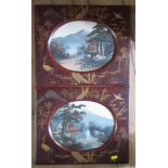 A pair of Eastern oval oil on board, landscapes with water and buildings, in gilded lacquered