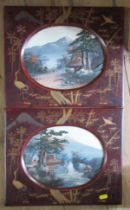 A pair of Eastern oval oil on board, landscapes with water and buildings, in gilded lacquered