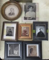 A collection of framed photographs, including antique examples, together with a watercolour