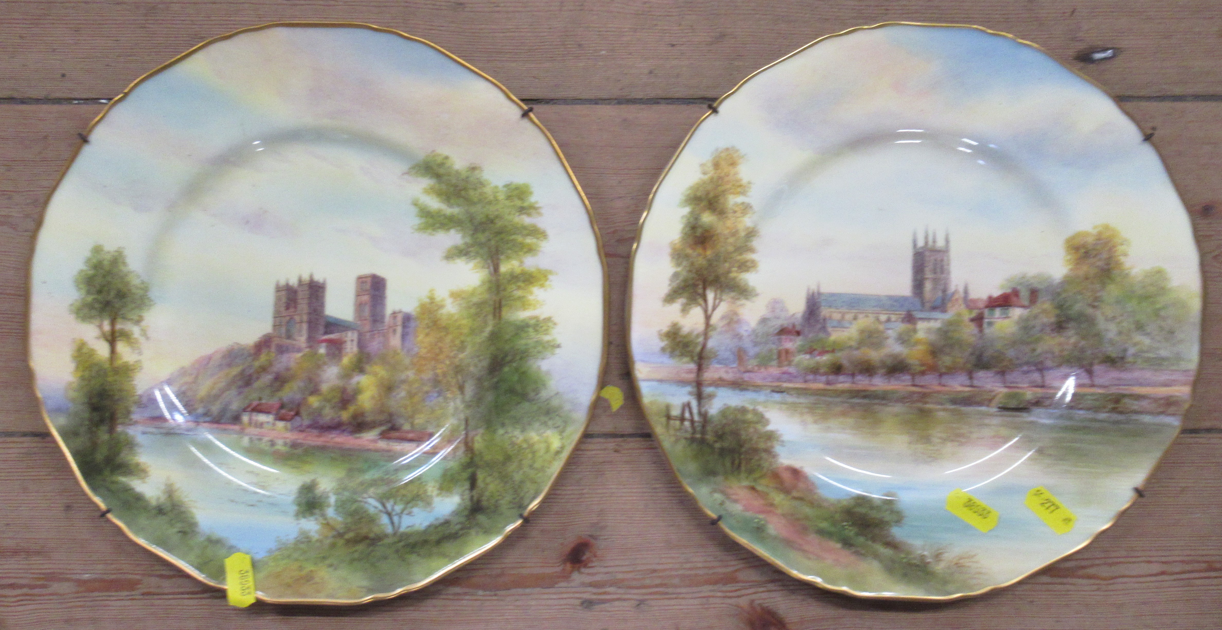 Two Royal Worcester cathedral cabinet plates, decorated with Worcester and Durham cathedral