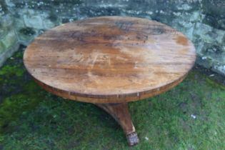 A 19th century rosewood breakfast table, raised on inverse tapered column, on a platform base,