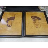 A pair of marquetry inlaid satinwood panels, of the Queen and Prince Philip