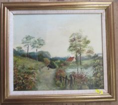 E Mavis Clarke, oil on canvas, Landscape with figures on a lane, 11.5ins x 13.5ins