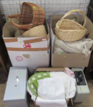 Three boxes of baskets , linen etc together with safe box and filing box