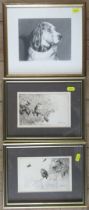 Harry Rowntree, two black and white etchings of birds, 4.5ins x 7ins, together with a print after