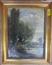 Frederic Jacques Sang, oil on board, The Thames, stand on the green by Kew Bridge, 8ins x 6ins