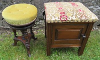 A revolving piano stool, with upholstered seat, together with a commode stool