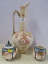 Two Royal Worcester vases, one covered, both badly damaged and an ewer