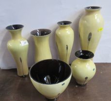 Six Caithness glass vases, Ebony collection, some with chips