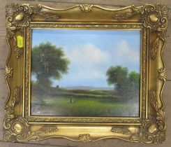 Ray Witchard, oil on board, rural landscape with figures, 7.5ins x 9.5ins