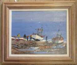 Frederick Beckett, oil on canvas, Winching - In Aldeburgh, 16ins x 20ins