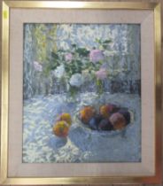 Stuart Ray, oil on artist board, Roses and Peaches, 17.5ins x 15ins