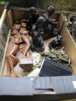 A box of sundries, including models, carvings, handles etc