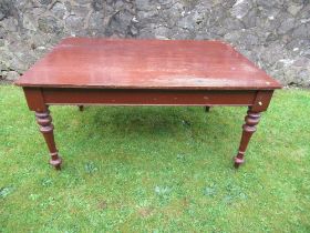 A 19th mahogany dining/kitchen table, raised on turned legs, 60ins x 42ins, height 30ins