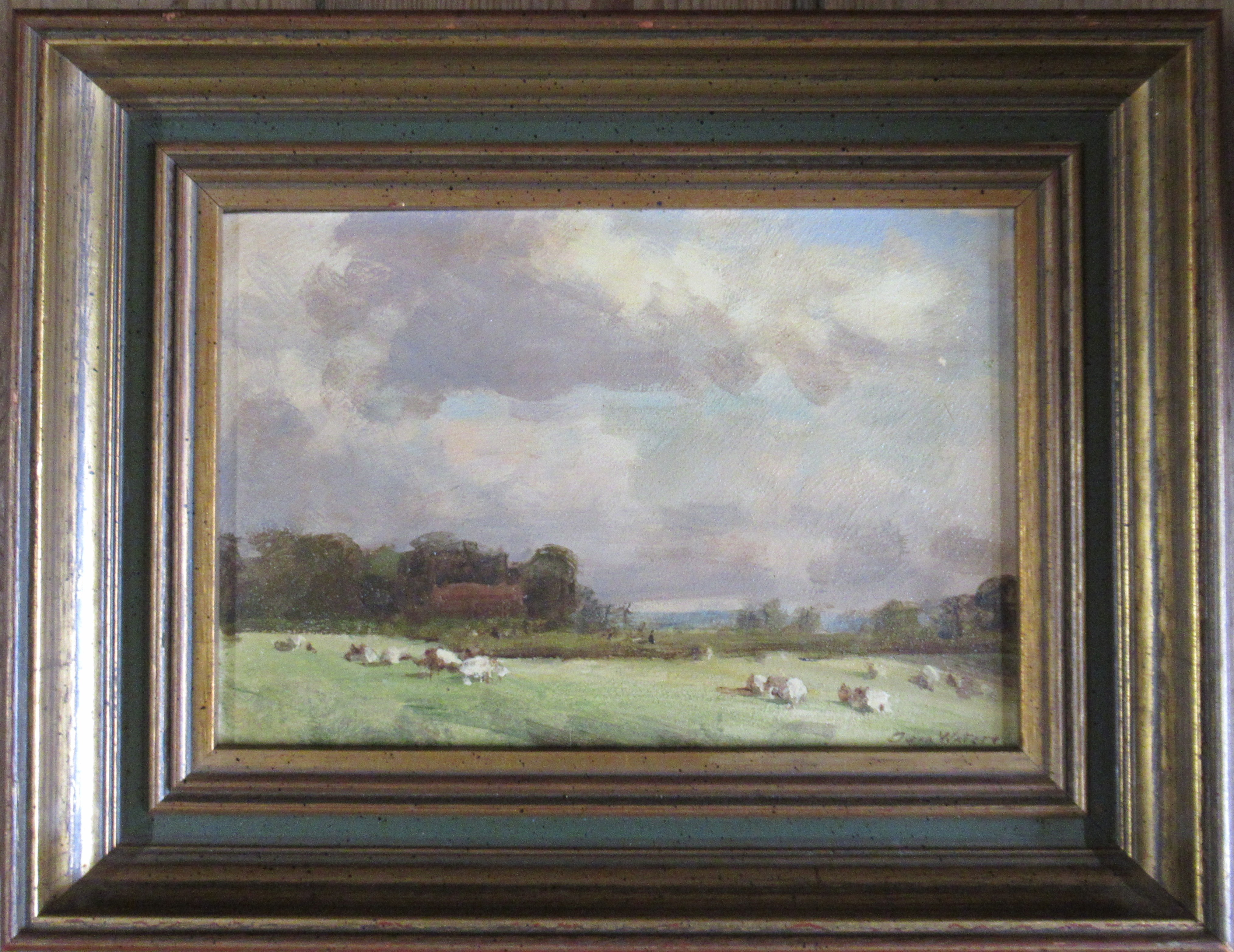 Owen Waters, oil on board, Norfolk landscape with sheep, 6ins x 9ins