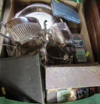 A box of assorted silver plate, to include a tea set, some cutlery and a tray