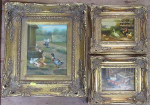 An oil on board, farmyard scene with ducks and pigeons, 9.5ins x 7.5ins, together with two others