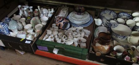 Three boxes of assorted china ornaments including Royal Doulton crested ware, Imari pattern etc