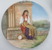 A Pinder Bourne & Co Burslem circular pottery wall plate, Addio Bella Italia, girl in landscape,
