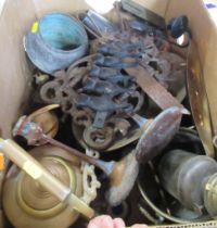 Two boxes of metalware to include picture frames, kettles, candlesticks ect