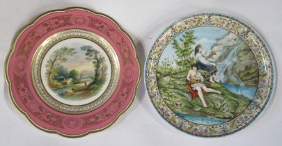 A 19th century plate, decorated with figures next to a stream, impressed Derby to the back, diameter