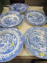 A collection of 19th century blue and white plates, including Spode, 'Gothic Castle' pattern and