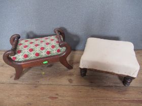 Two 19th century foot stools, one with scroll handles, width 16ins, and 12ins