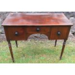 A 19th century mahogany sidetable, fitted with three drawers, on ring turned supports, 36ins x